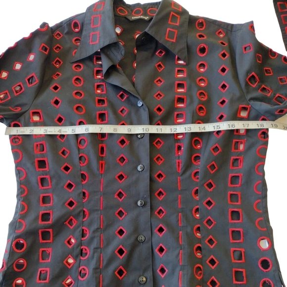 Samuel Dong Top Button Down Geometric Burnout Black And Red Small - Picture 3 of 9